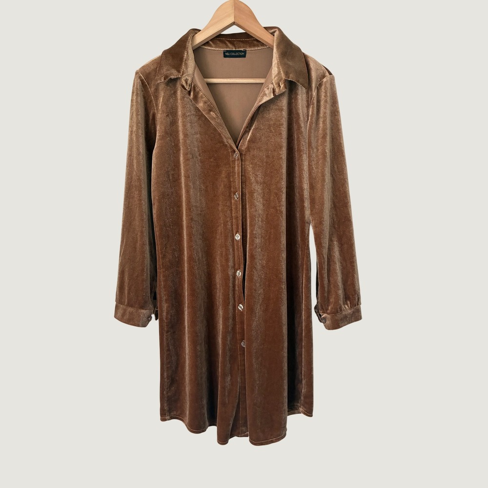 New Collection Bronze Velvet Button Down Shirt Dress Long Sleeve Brown Size 10